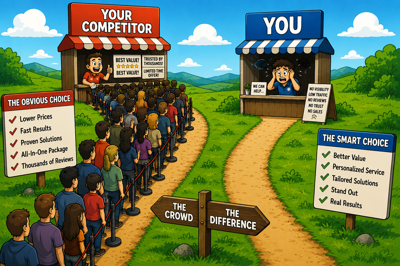 Illustration showing competitors winning when your website lacks trust and visibility